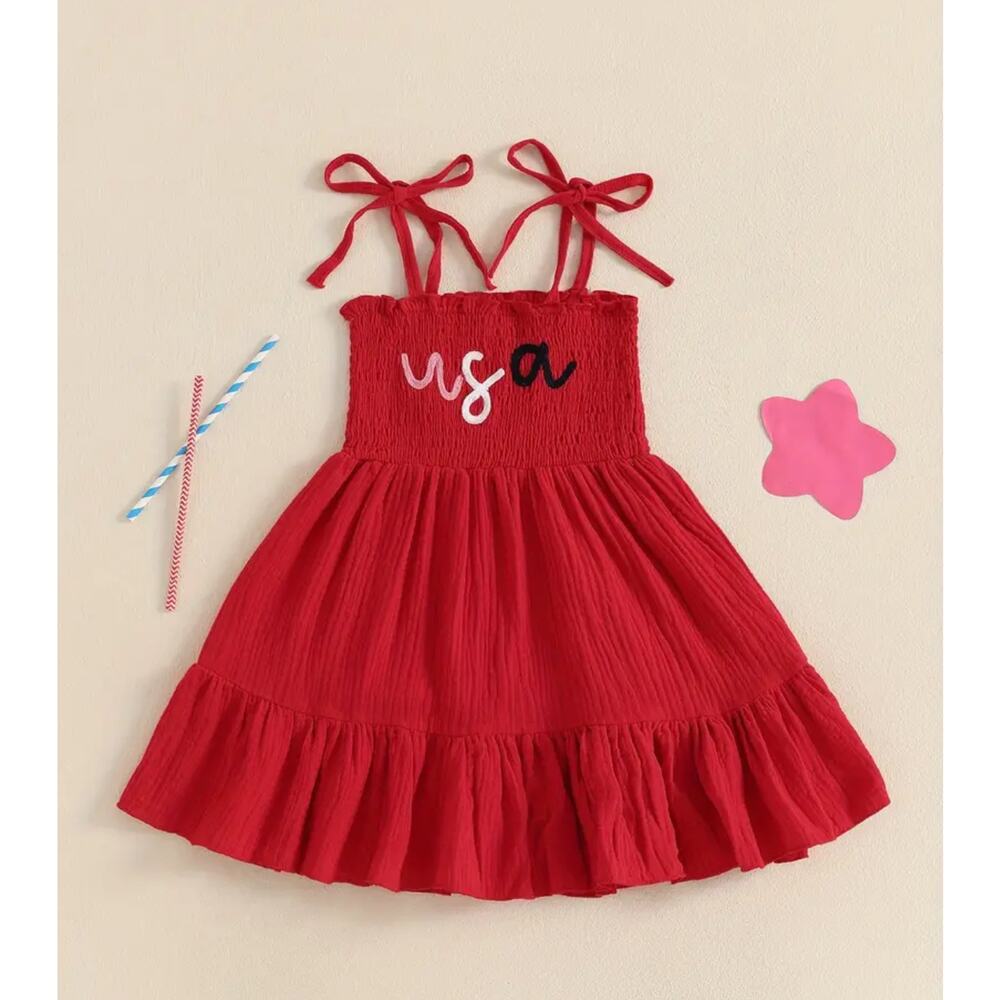 Red USA Smocked Tie-Shoulder Kids Dress